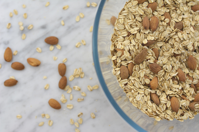 top view image of a bowl displaying the ingredients for Tropical Granola, showcasing rolled oats and almonds