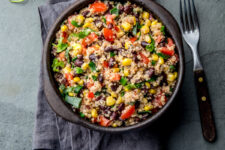 High fiber quinoa dinner with black beans and corn.