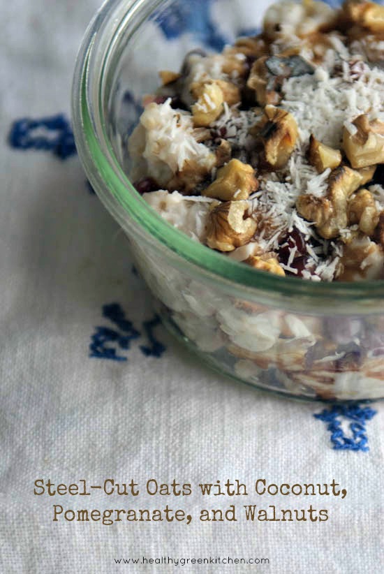 Steel-Cut Oats with Coconut, Pomegranate, and Walnuts from @winnieab | www.healthygreenkitchen.com