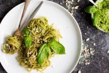 Vegan, Oil Free, Basil and Avocado Pesto Spaghetti. A simple staple dinner that's whipped up in no time!