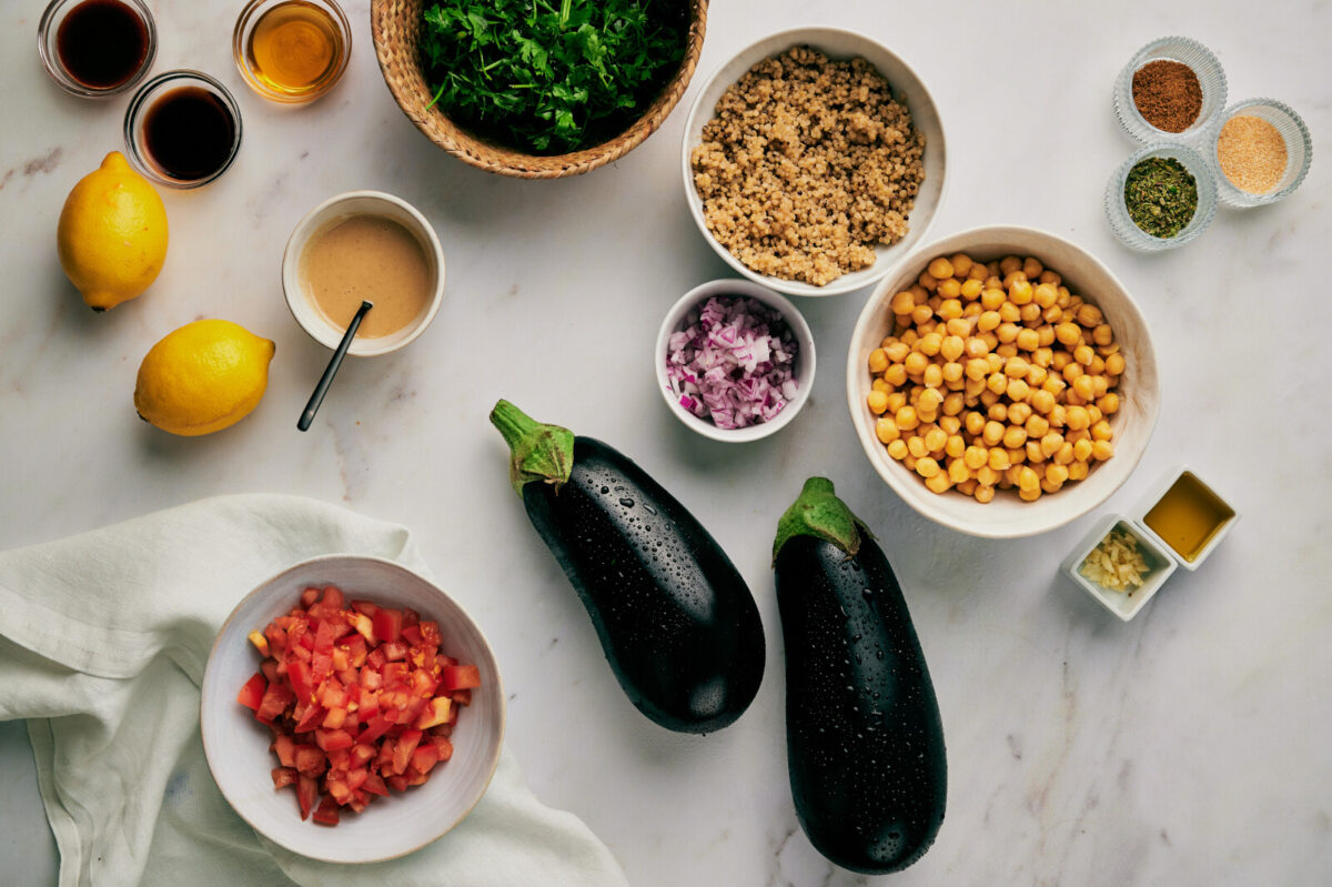 Ingredients for quinoa stuffed eggplant.