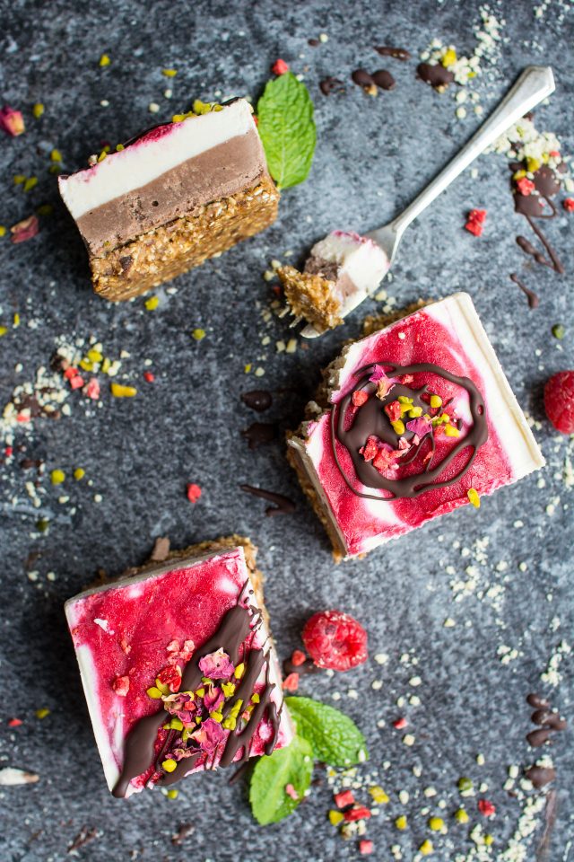 Raspberry Ripple and Chocolate Raw Cheesecake Bars. A simple, refined sugar free vegan dessert!