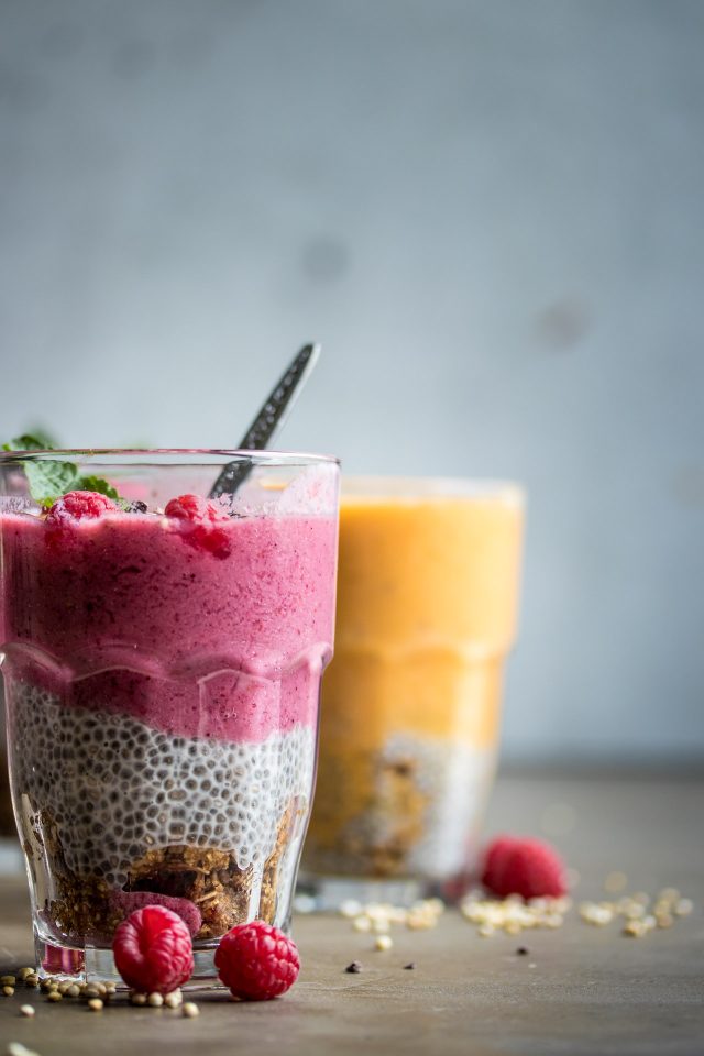 Cinnamon Rawnola layered with chia pudding and berry smoothie!