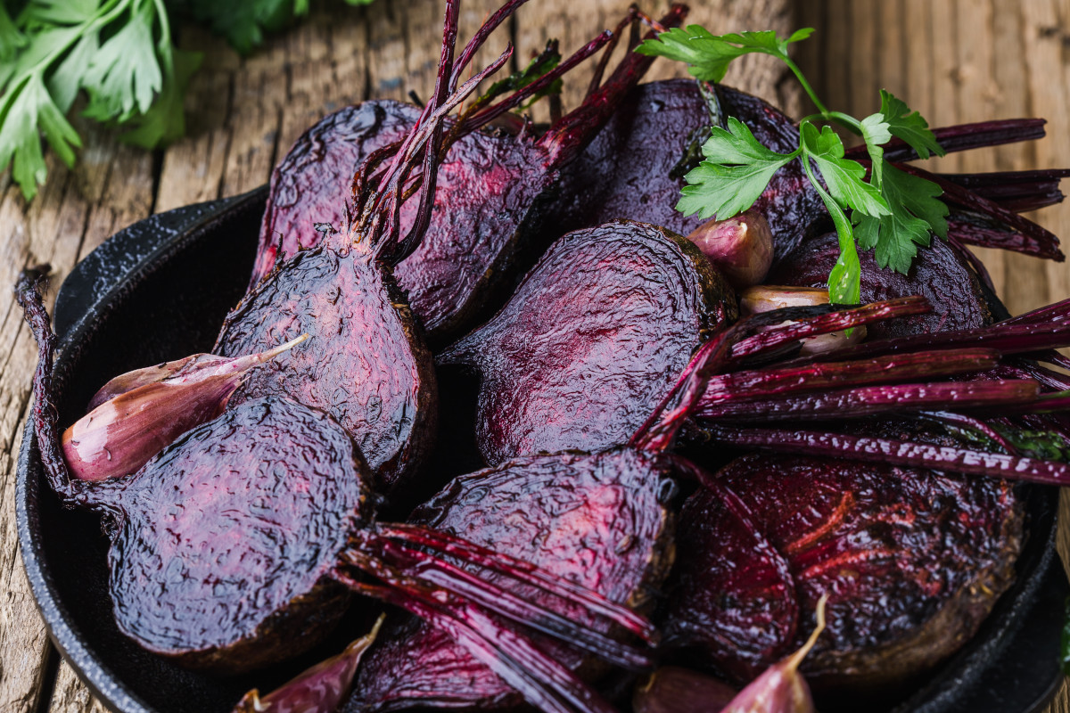 Homegrown roasted beets and garlic in cast iron skillet.