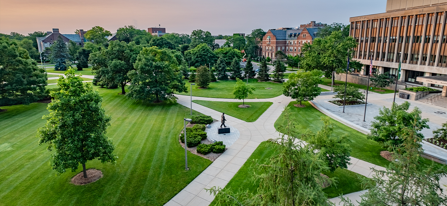 Aerial shot of MSU campus including Administration Building