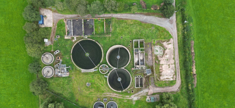 An aerial view of a water treatment facility