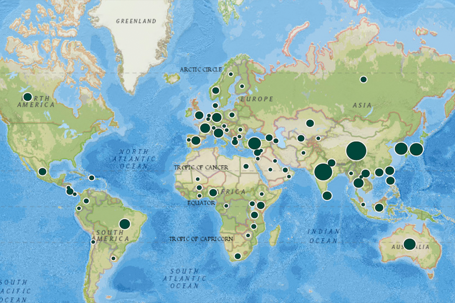 A world map with green dots spread out across it